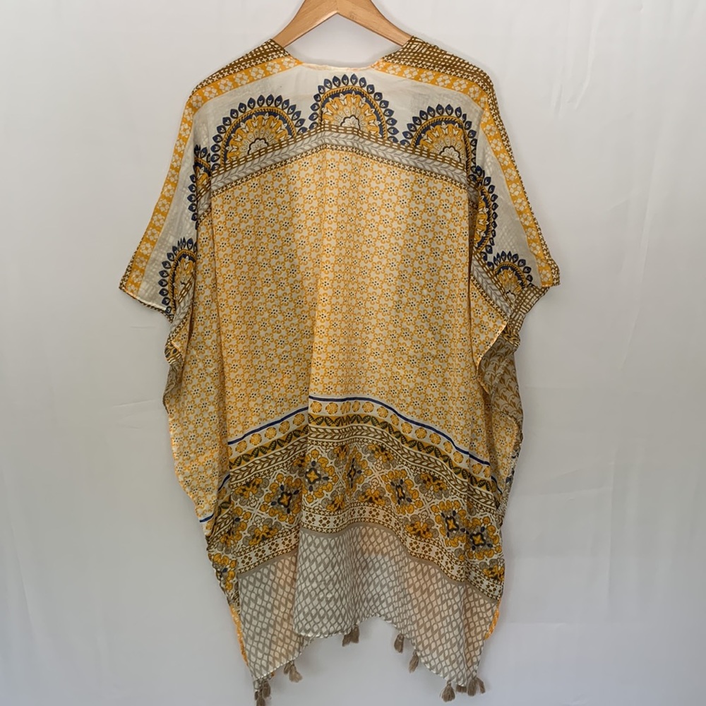 RAJ Boho Lightweight Cotton Kimono w/ Tassels Yellow Tan Beach Coverup - Picture 8 of 12